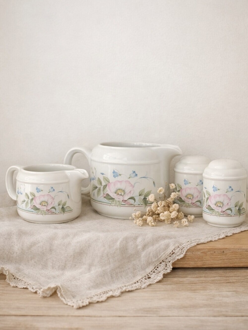 White Floral Ceramic Sugar, Creamer and Spice Jar Set